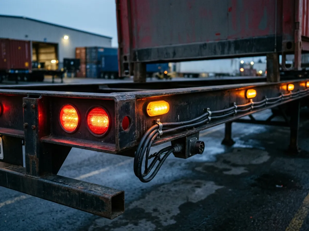 Illuminated LED tail lamps, side marker clearance lights, and sealed wiring harness on a heavy-duty semi-trailer chassis at dusk