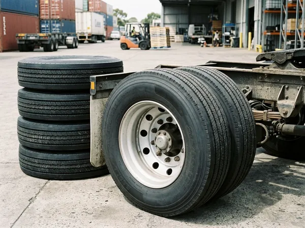 All-steel radial semi-trailer tires (12R22.5 / 295/80R22.5) mounted on 10-stud steel disc wheels in an export warehouse yard