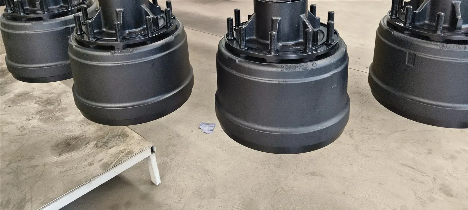 Trailer brake drums and hub assemblies ready for packing